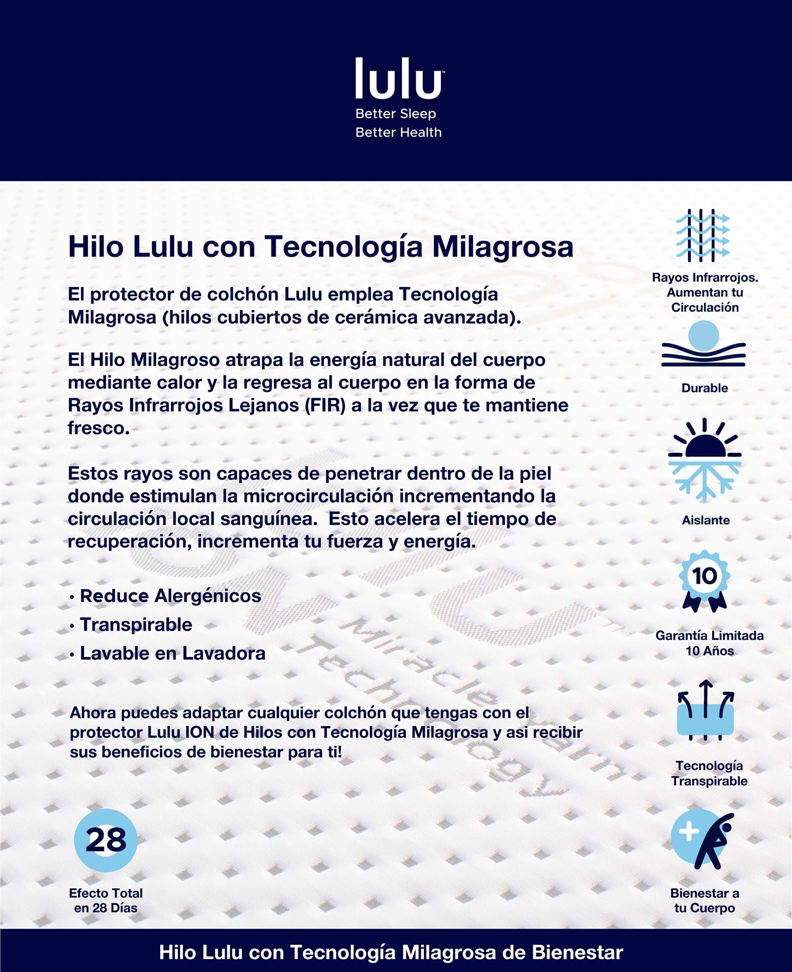 Cubrecama para Colchón Hipo Alergénica Con Hilos Lulu ION con Tecnología para Recuperación Muscular